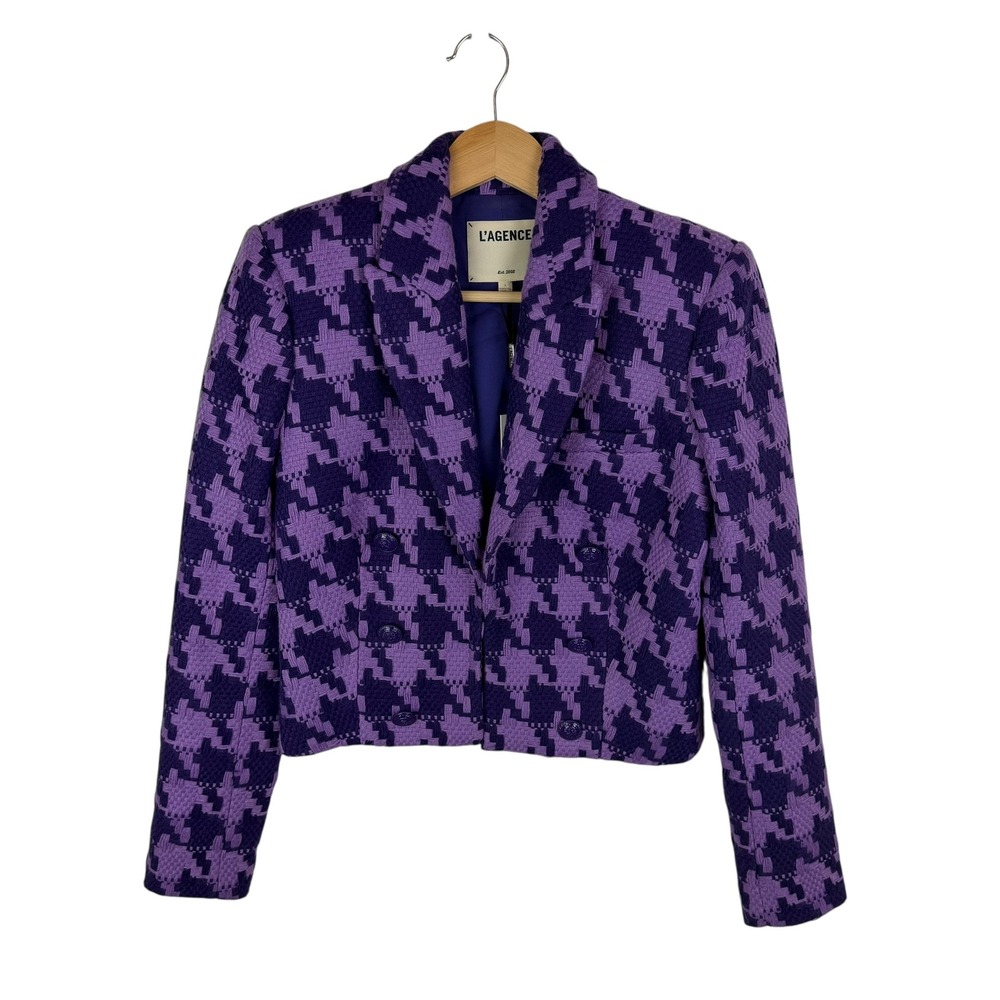 NWT L'AGENCE Inez Purple Houndstooth Cropped Double Breasted Blazer Sz 4 Jacket - Picture 2 of 12